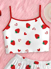 SHEIN Tween Girls' Casual Vibey Strawberry & Heart Print Fitted Cami Top And Shorts Loungewear Set, Summer - Multicolor - View 4