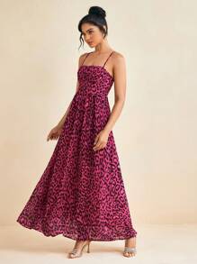 HIBA Pink Cheetah Chiffon Print Spaghetti Straps Black Ruched Cupped Bust Corset Women Maxi Dress - Multicolor - View 4