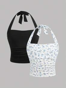 SHEIN Girlism Tween Girl 2 件套，休闲简约舒适褶皱腰挂脖背心 - 黑色 - 查看 1