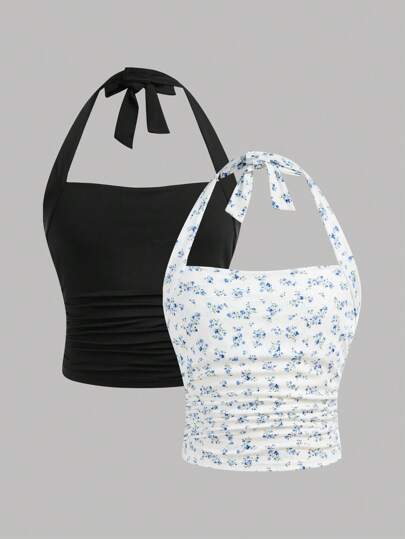 SHEIN Girlism Tween Girl 2 件套，休闲简约舒适褶皱腰挂脖背心