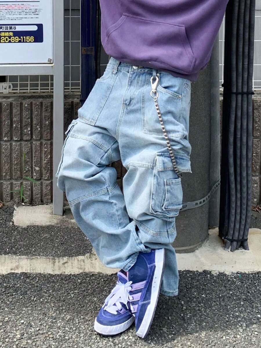 Manfinity EMRG 男式宽松多口袋休闲宽腿牛仔裤 - 淺色水洗藍 - 查看 1