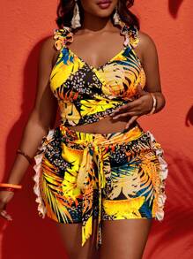 Slaydiva Plus Size Women 2pcs/Set Tropical Plant Print Ruffled Strap Cropped Top And Tie Waist Flare Hem Shorts Summer Holiday Outfit