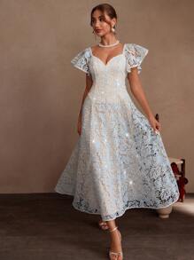 SHEIN Unity Váy xòe tay lỡ thêu sequin thanh lịch màu xanh nhạt cho nữ, dự tiệc, đi chơi, trang phục đi nghỉ - Màu xanh nhạt - Xem 2