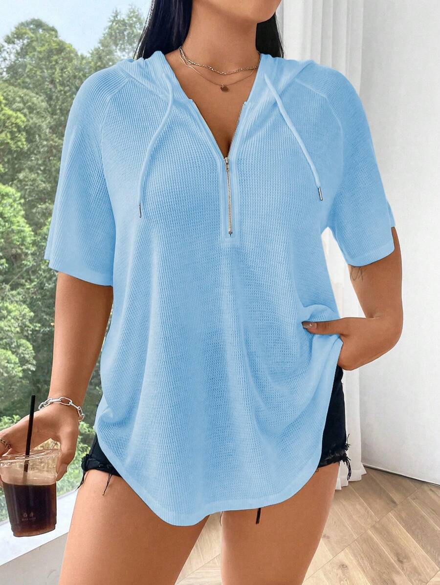 Flirla Plus Size Solid Color Half-Zip Hooded Short Sleeve T-Shirt, Suitable For Summer - Blue - View 1