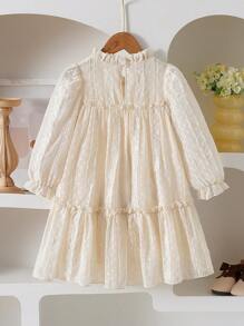 SHEIN Vintaside Kids 女孩优雅公主荷叶边领泡泡长袖提花刺绣双层荷叶边下摆宽松公主裙，适合度假、旅行、派对、礼物、春秋