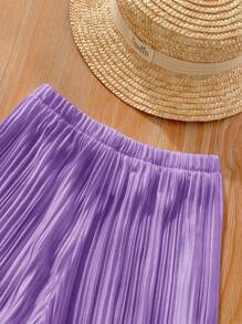 SHEIN LMoss Kids LMoss Baby Girls Summer Cute Solid Color Pleated Camisole And Elastic Waist Long Pants 2 Pieces Set - Purple - View 3
