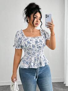 Elenzga Plus Size Women's Elegant Fashionable Versatile Square Neck Ditsy Floral Puff Sleeve Ruffled Hem Back Tied Bow Button Front Blouse - Blue and White - View 1