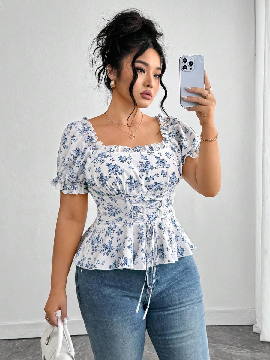 Elenzga Plus Size Women's Elegant Fashionable Versatile Square Neck Ditsy Floral Puff Sleeve Ruffled Hem Back Tied Bow Button Front Blouse - Blue and White - View 1