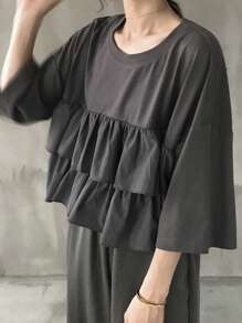 FRIFUL Women's Ruffle Trim Oversized T-Shirt, Summer Casual Wear - Grey - View 6