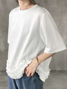 FRIFUL Maglietta casual da donna a maniche corte, girocollo, con patchwork e volant in fondo, in colore tinta unita, graziosa
