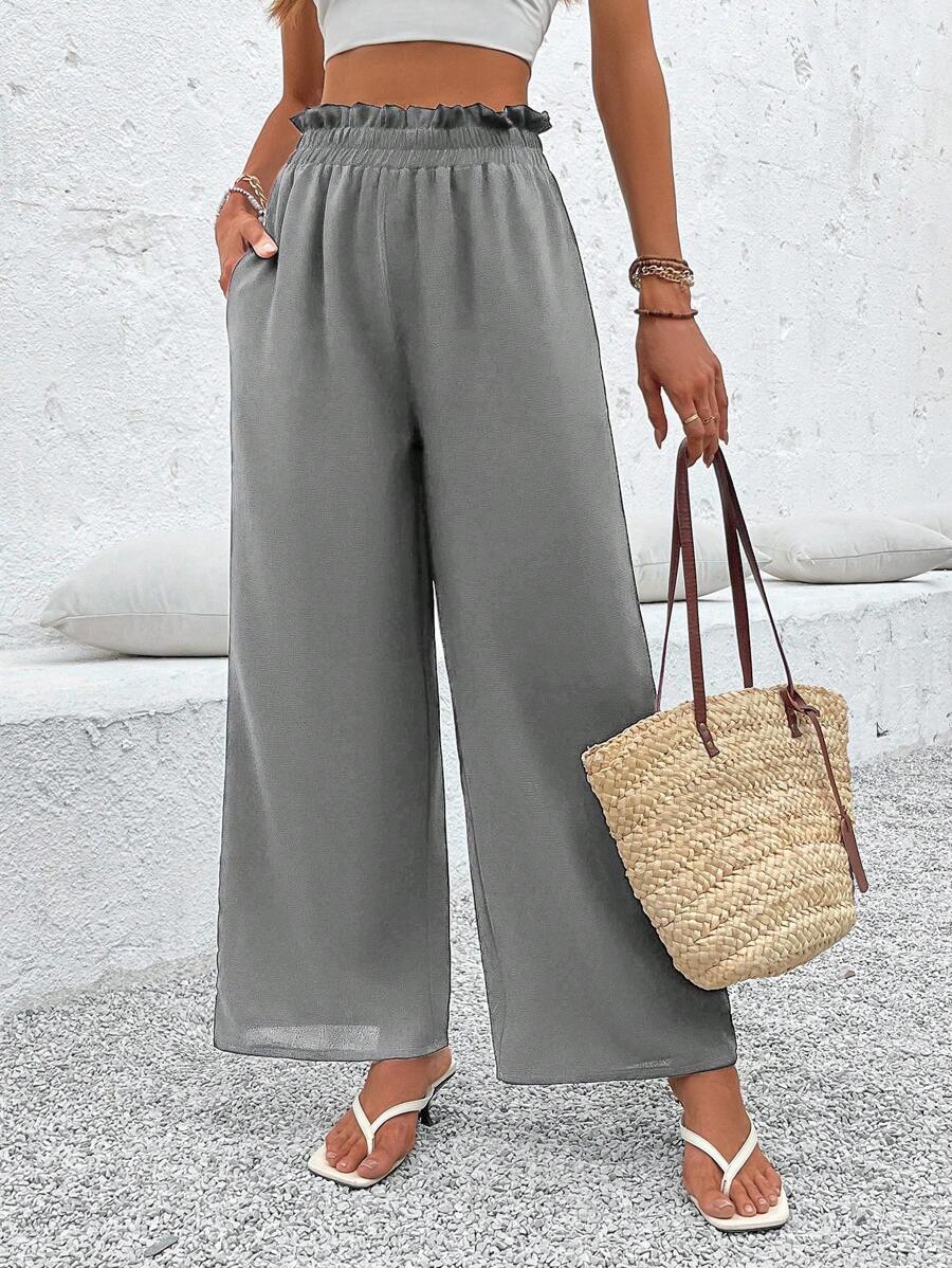 SHEIN LUNE Women's Solid Color Flared Wide Leg Casual Trousers With Waist Pocket - Grey - View 1