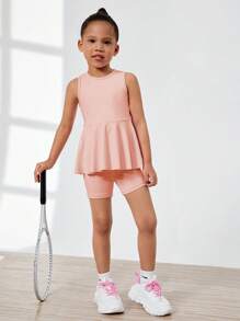 SHEIN Young Girls 2 Pieces Outfit, Solid Color Sweet Cute Casual Short Sleeve Dress With Leggings For Daily, Holiday And Festival Wear, Summer - Dusty Pink - View 3