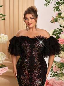 SHEIN Belle Plus Size Elegant Romantic Off Shoulder Ruffle Net Yarn Luxury Beaded Bodycon Cocktail Dress, Party Dress - Champagne - View 4