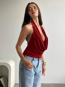 Aloruh Women's Sexy Music Festival Party Evening Daily Outings And Dates Solid Color Glitter Fabric Vacation Swing Collar Backless Knitted Halter Black Tank