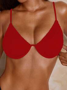 Swim Basics Women Beach, One-Piece Solid Color Gathering Halter Swimsuit Top With Wavy Fabric - Red - View 5