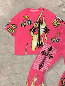 SHEIN Tween Boys Casual Minimalist Letter Print Crew Neck T-Shirt & Flared Pants 2pcs Set, Summer - Multicolor - View 3