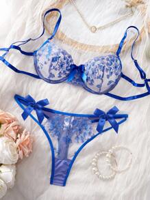 2pcs Floral Embroidered Mesh Backless Sexy Lingerie Set - Blue - View 4