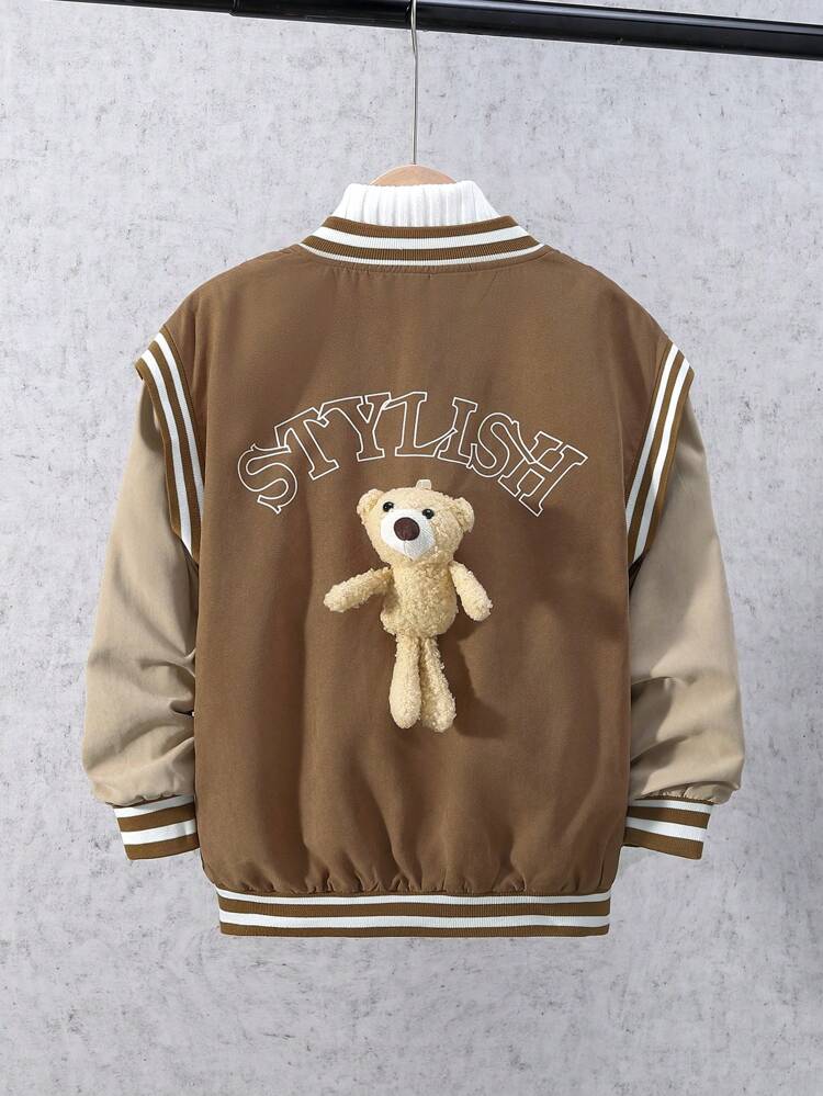 Tween Boy Bear Decor Two Tone Thermal Lined Varsity Jacket Without Tee