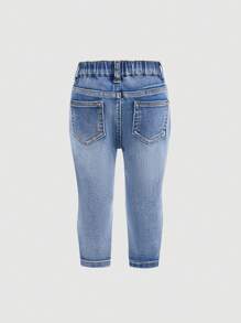 SHEIN Baby Girls Light Wash Distressed Denim Jeans With Zipper Closure And Elastic Waistband - Light Wash - View 2