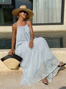 DAZY 女士全印花宽松度假吊带露背褶皱连衣裙，夏季邮轮女装连衣裙，休闲波西米亚风女装 - 藍色 - 查看 4