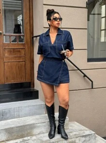 SHEIN ICON Plus Size Mulheres Manga Curta Bolso Casual Denim Jacket