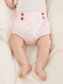 SHEIN 2pcs/Set Infant/Newborn/Toddler Girls' Cozy Button-Decor Striped Shorts Set, Spring/Summer New Arrival, Suitable For Daily Outings, Vacations, And Birthday Party - Multicolor - View 9