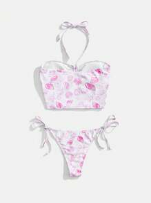 SHEIN MOD Women's Shell Print Beach Camisole & Bikini 2pcs Set - Baby Pink - View 2