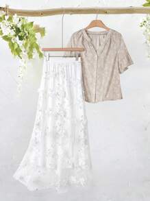 Rusticease Chân váy lưới họa tiết hoa 3D trơn màu thanh lịch dành cho nữ - Màu Khaki - Xem 3