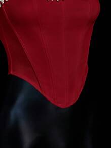 SHEIN ICON 欧根纱大蝴蝶结露背挂脖珍珠链装饰背心 - 紅色 - 查看 6