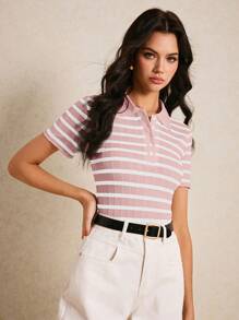 Poéselle 女士休闲条纹短袖修身 T 恤，夏季 - 粉色 - 查看 6