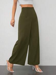 SHEIN PETITE 女士简约休闲时尚返校季老款通勤高腰纹理阔腿裤 - 軍綠色 - 查看 7