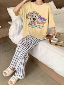 DAZY 可爱狗狗图案印花宽松上衣搭配条纹和花卉印花休闲睡裤睡衣套装