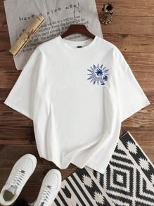 Manfinity Joysei Fashionable Casual Vacation Style Coconut Tree & Letter Graphic Print Slim Fit Crew Neck Short Sleeve T-Shirt For Men, Suitable For Summer Outdoor, Vacation, Date, Party, Couple Family Matching, Great Gift For Boyfriend