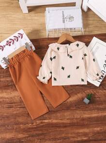 SHEIN 2pcs/Set Baby Girls' Cactus Print Long Sleeve Outfit - Brown - View 2