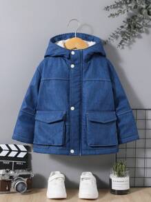 SHEIN Young Boy Casual Cute Loose Fit Hooded Fleece Jacket With 3d Pockets, Autumn Winter - Blue - View 3