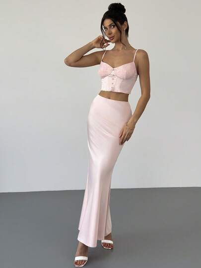  Firerie Ladies Summer Elegant Romantic Fashion Commuter Sexy Elegant Style Pink Lace Patchwork Slim Two Pieces Set, Ladies Party, Beach Vacation Ladies, Back To School Graduation Season Ladies, Romantic Dating, Birthday, Easter Ladies, Brazilian Carnival, Music Festivals, Spring And Summer Ladies, Wedding Season, Brunch Ladies Sets, Boho Style, Fairy Style Sets