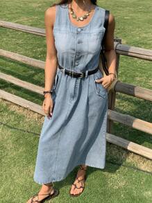 DAZY Women's Waist Hollow Out A-Line Hem Washed Denim Dress