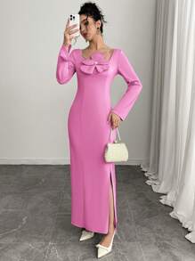 Modelyn Robe longue à manches longues avec décor floral 3D élégant pour femmes - Rose vif - View 6