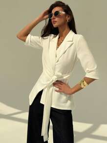 Aloruh Chaqueta tipo blazer de traje de mujer unicolor con cinturón de amarre, para la oficina y paseos, de estilo sencillo y elegante, corte ajustado, blanca, con lazo en el frente