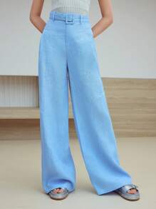 MOTF STUDIO LINEN WIDE LEG PANTS - Blue - View 1