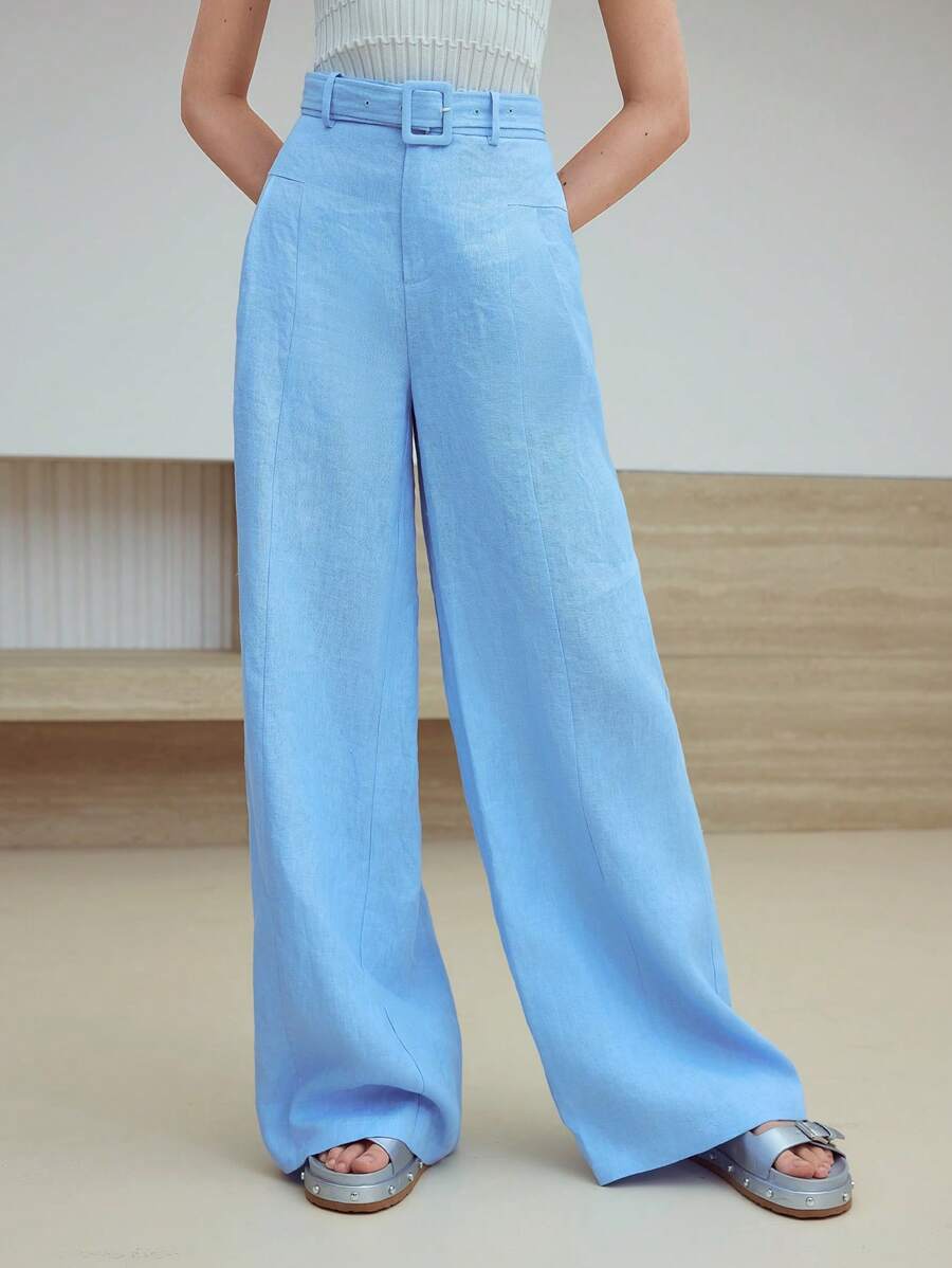 MOTF STUDIO LINEN WIDE LEG PANTS - Blue - View 1