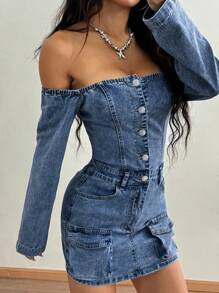 SHEIN ICON 1 件女式露肩弹力修身洗水牛仔连衣裙