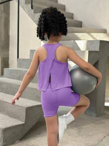 SHEIN 2pcs Young Girl Knitted Solid Color Fitted Tank Top And Shorts Sportswear Set