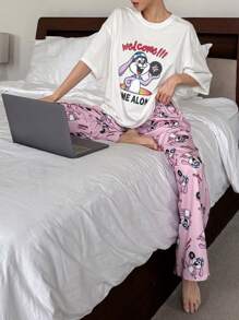 DAZY Women Cute Rabbit Print Loose Fit T-Shirt Top And Matching Allover Print Pajama Pants Set - White - View 5