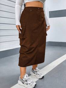 Flirla Plus Size Women's Utility Pocketed Skirt Maxi Skirt - Coffee Brown - View 4