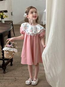 LMoss Kids Young Girl Floral Print Chiffon Ruffle Trim Puff Sleeve Dress - Pink - View 4