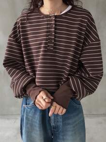 FRIFUL 女士休闲宽松落肩条纹 T 恤，春/秋 - 棕色 - 查看 6