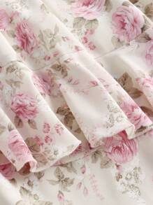 SHEIN Girlism Jupe à volants multicouches avec imprimé floral rose sur blanc, convient pour le printemps et l'été, sous-vêtements pour l'automne et l'hiver, imprimé pour les vacances, mignonne et douce