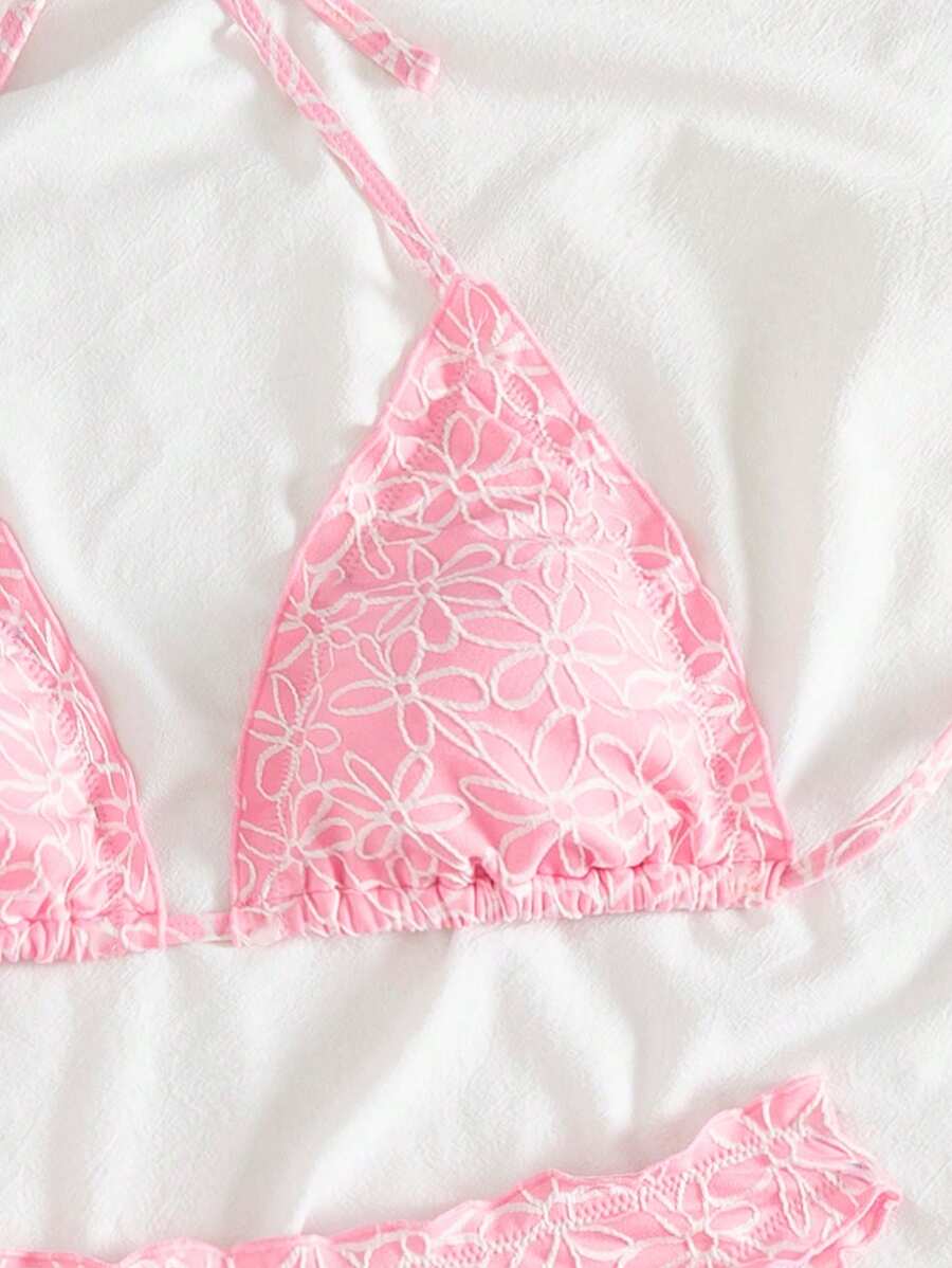 SHEIN Swim Ensemble de bikini pour femmes avec encolure ras-du-cou, bretelles spaghetti, imprimé à carreaux et floral texturé, dos nu. Convient pour les vacances à la plage, le printemps et l'été. - Rose bonbon - Voir 1