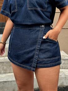 SHEIN ICON Quần denim ngắn thường ngày có túi viền bất đối xứng cho nữ cỡ lớn - Rửa tối - Xem 5